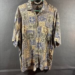 VTG Men Hawaiian shirt large blue 80s pineapple fish palm tree beach vacation